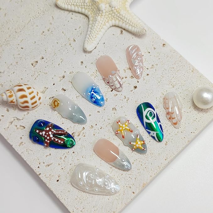 Almond Press on Nails Handmade Medium Long/Stiletto 3D Flower Fake Nail with Designs, Women Reusable False Nails (Ocean Starfish, S)