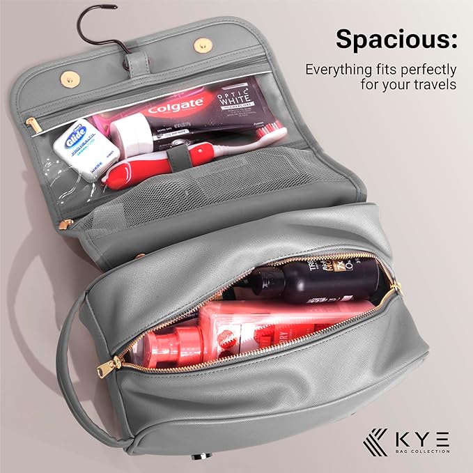 Leather Travel Toiletry Bag for Men with Removable Cover and Hanging Hook - Dopp Kit for men - Makeup Bag Organizer for Women for all your Travel Essentials (Grey)