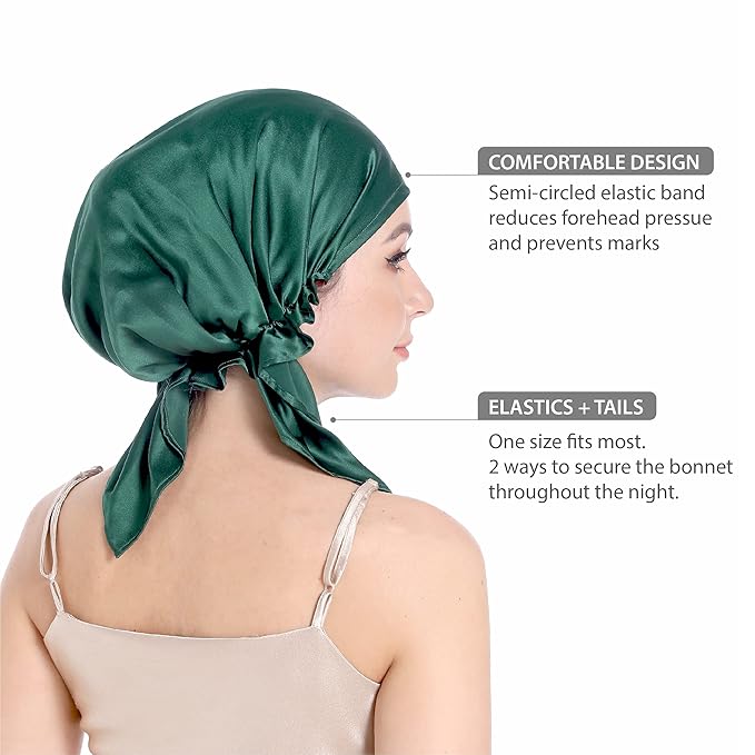 100% Silk Bonnet for Sleeping, Large Sleep Cap With Tie Band for Curly Hair Care, Hair Wrap (Emerald)