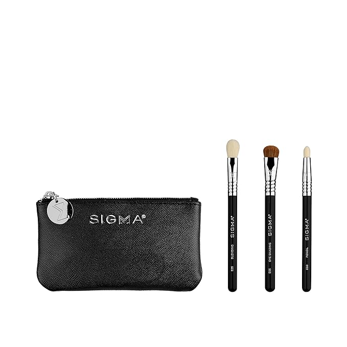 Sigma Beauty Glam ‘N Glow Mini Eye Makeup Brush Set – Set of 3 Eye Makeup Brushes for Blending, Shading, Lining, and Smudging, Includes Stylish Black Small Makeup Bag (4 Pcs)