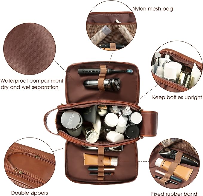 Personalized Leather Travel Toiletry Bag for Men, Large Travel Bathroom Shaving Dopp Kit, Large Cosmetic Bag Waterproof