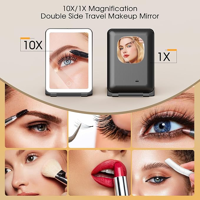 Travel Makeup Mirror with Lights and Magnification, 10X/1X Magnifying Vanity Mirror with 3 Colors & Brightness Adjustable, 2000 mAh Rechargeable Lighted Compact Mirror, Women Gift (Black)