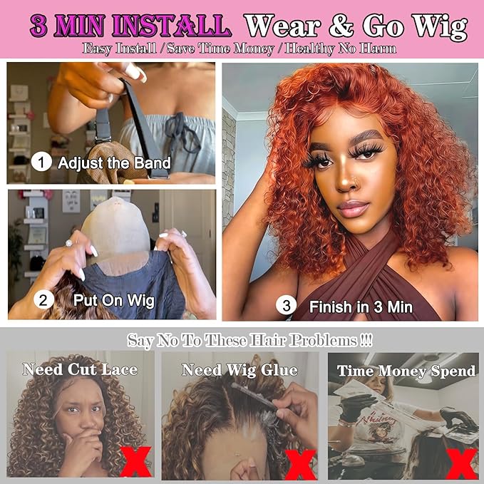 5×5 Closure Bob Wig Human Hair Glueless Wigs Human Hair Pre Plucked Pre Cut Short Curly Wig Water Wave Middle Part 350# Ginger for Women Wigs for Black Women 12Inch