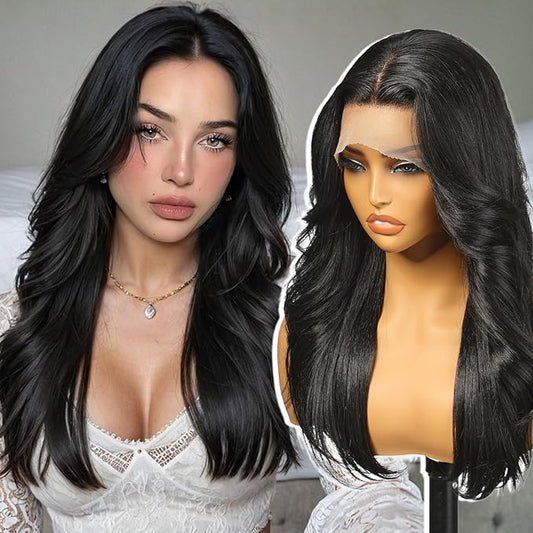 Black Synthetic Lace Front Wig,13X6 HD Long Straight Glueless Wig for Women Daily Use 20IN（1B）