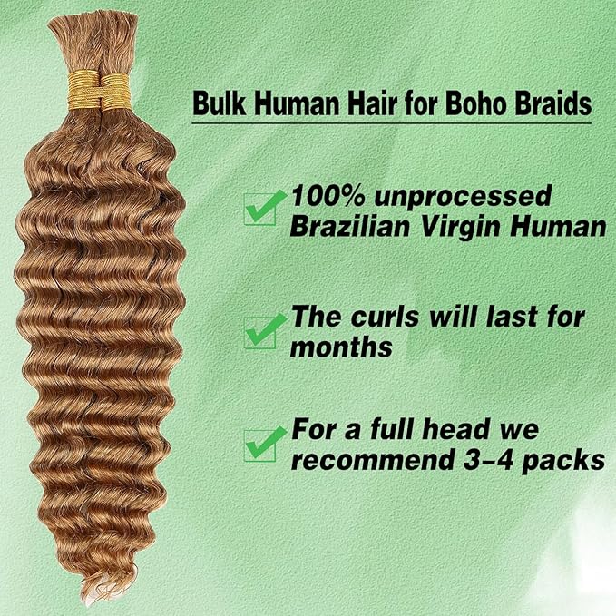 Deep Wave Bulk Human Braiding Hair 100g 18 Inch 2 Bundles Blonde Human Braid Hair for Boho Braids No Weft Color 27 Curly Brazilian Braiding Hair Extensions for Micro Braid