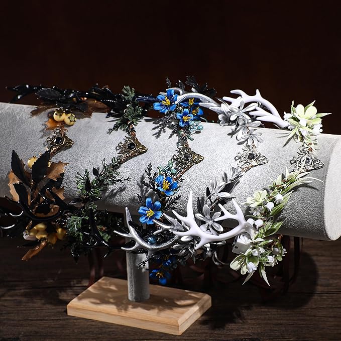 MOSTORY Light up Antler Crown - Handmade Blue Flower Elf Headpiece Forest Fairy Headband Elven Dark Circlet for Women Renaissance Cosplay Goth Wedding Renfaire Accessory