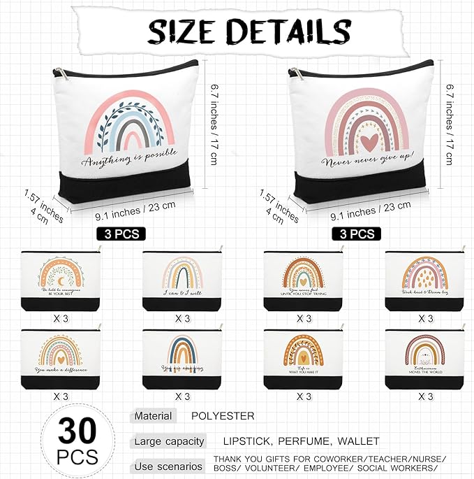 Sieral 30 Pcs Rainbow Canvas Makeup Bags Bulk Employee Appreciation Gifts Graduation Inspirational Cosmetic Bags Thank You Gifts for Teacher Secretary Coworker Volunteer Nurse(Motivational)