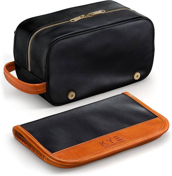 Leather Hanging Travel Toiletry Bag for Men with Removable Cover and Hanging Hook - Dopp Kit for men - Makeup Bag Organizer for Women for all your Travel Essentials