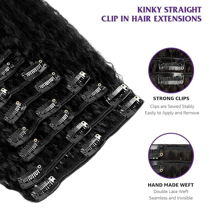 Kinky Straight Clip in Hair Extensions Real Human Hair Yaki Straight Clip ins for Women Brazilian Remy Human Hair Extensions Double Weft 8pcs 90g Per Set with 18 Clips (14 Inch, #1 Jet Black Color)