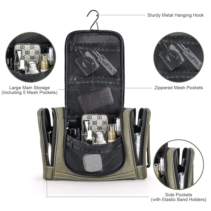 MIRASON Hanging Toiletry Bag for Men PVC Leather Dopp Kit Waterproof Travel Organizer Bag with Sturdy Metal Hook and Handle for Bathroom Shower Cosmetics Camping Brushes Shaving (Green)