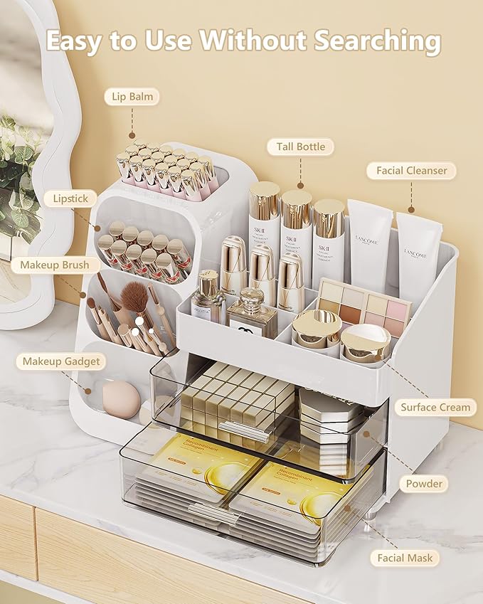 Makeup Organizer with Drawers, Skincare Organizer (Large Size Thick), Storage Box Cosmetic Display Cases, Make up Organizers for Vanity, Dresser, Desk, Kitchen, Countertop (White)