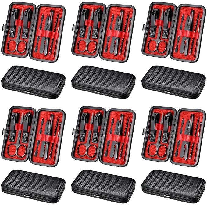 Geosar 12 Sets Manicure Set Nail Clippers Pedicure Kit 8 in 1 Stainless Steel Professional Grooming Kits Nail Care Tools with Travel Case for Men Women(Red Background)