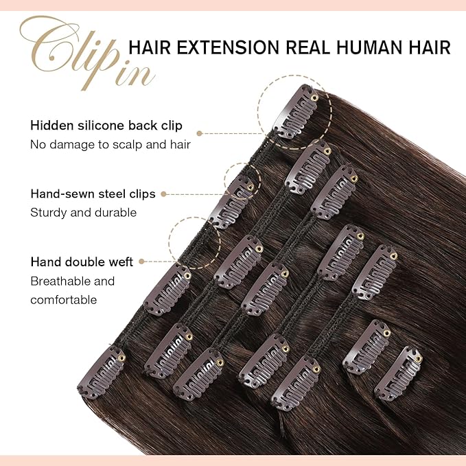 YILITE Clip in Hair Extensions Real Human Hair 20 Inch 80g 7pcs #2 Dark Brown Hair Extensions Human Hair Clip in Extensions Soft Double Weft Straight Hair Extensions for Women 16clips/Pack