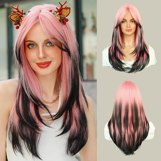7JHH WIGS Long Wavy Wig Pink and Black Layered Wig with Curtain Bangs, Synthetic High Density Heat Resistant Hair Straight Wig ends dyed black for Daily Party 25 Inches