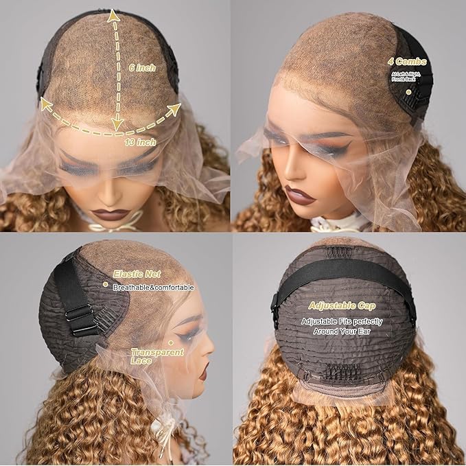 26inch Honey Blonde Wig Human Hair, Deep Wave Lace Front Wigs Human Hair #27 Color Blonde Curly 13x6 Hd Lace Front Wigs Pre Plucked With Baby Hair Lace Frontal Wig 180% Density For Black Women