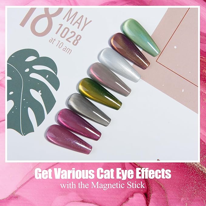 Adhere 8Pcs 12ML Cat Eye Gel Magnet Nail Polish Set, Reflective Glitter Cat Eye,Yellow Green Purple Silver White Color with Magnet