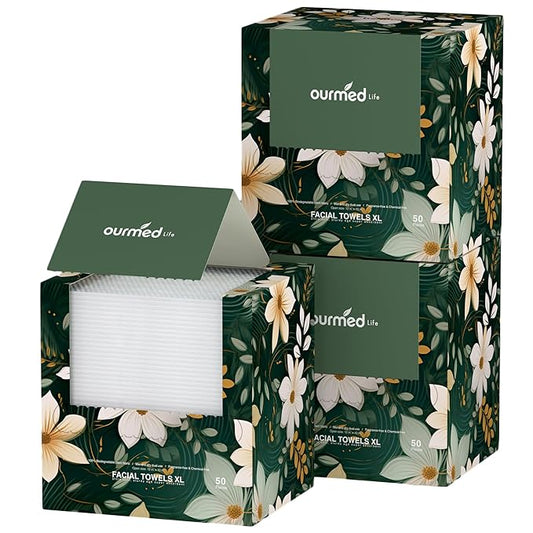 Ourmed Life Disposable Face Towels, Clean Facial Wash Cloth without Lint, Biodegradable Cleansing Dry Wipes, Skincare and Makeup Remover Towels for Sensitive Skin (Unscented, 150 Count, Pack of 1)