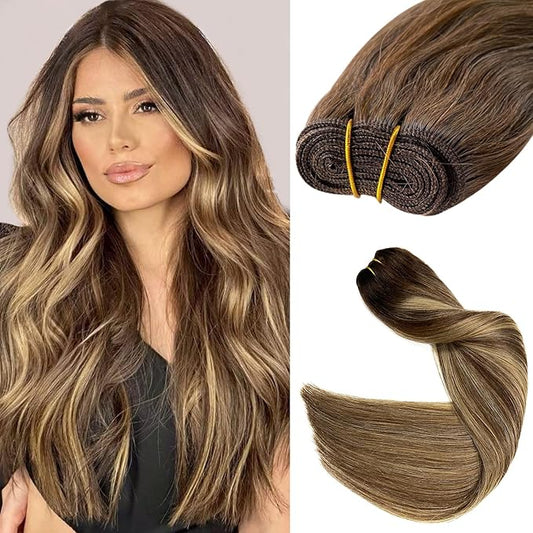 Human Hair Weft Chocolate Brown Balayage Honey Blonde Highlights Hair Extensions Real Human Hair Sew in Weft Extensions 20 Inch 100G Weft Hair Extensions Remy Real Human Hair Bundles Weave Extensions