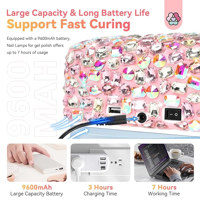SAVILAND U V Nail Lamp: 10X Faster 72W Cordless U V Light for Gel Nails 9600mAh Auto Sensor Glitter Pink Rechargeable Long Endurance LED Nail Lamp 5 Timer Settings Nail Light with Rhinestones Salon