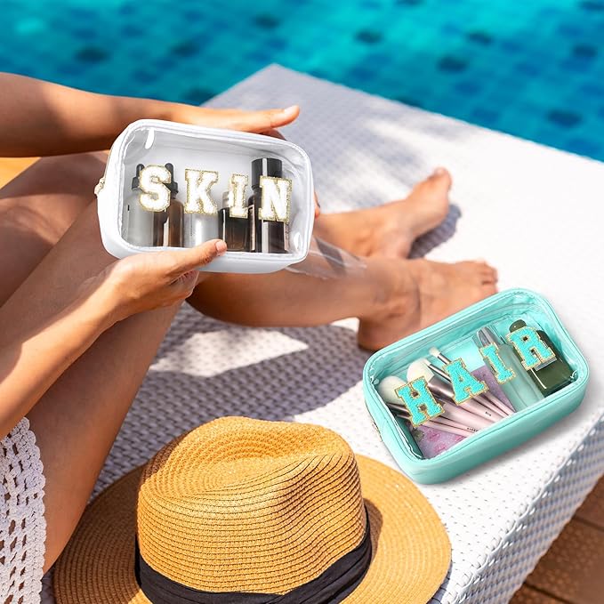 Pinkunn 4 Pcs Preppy Makeup Bags Christmas Chenille Letter Bag Face Skin Hair Stuff Cosmetic Bag Corduroy Makeup Pouch with Zipper Birthday Gifts for Women(Gentle Color)