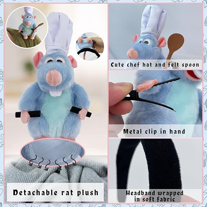 Rat Headband Spoon Hair Clip Set Shoulder Plush Costume Accessories Stuffed Animal Toy Gifts for Kids Adults