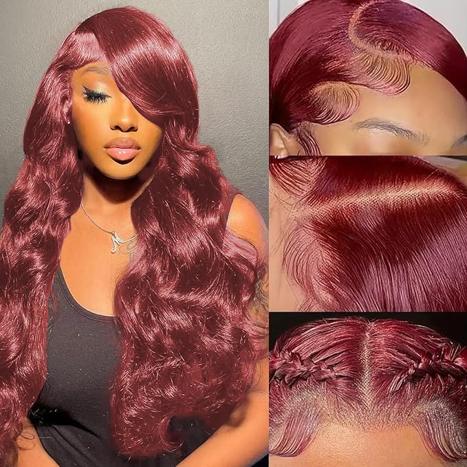 99j Burgundy Lace Front Wigs Human Hair 13x6 Body Wave Lace Front Wigs Human Hair Pre Plucked 200 Density HD Transparent Red Colored Frontal Wigs Human Hair for Women with Baby Hair 22 Inch