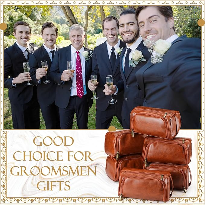 Aliceset 6 Pcs Groomsmen Gift Groomsmen Toiletry Bags Set of 6 Leather Toiletry Bag for Men with Hook Leather Wedding Proposal Bag with Side Handle Father Gift(Brown)