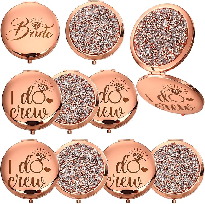Barydat 10 Pieces Bridesmaid Gifts Set Magnifying Compact Mirror Bride I Do Crew Bridesmaid Proposal Gifts Travel Small Mirror for Purse Makeup Pocket Mirror for Women Wedding Party, Rose Gold