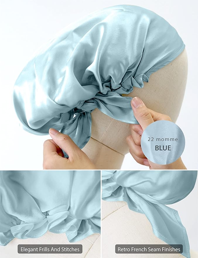100% Silk Bonnet for Sleeping, Hair Bonnet with Tie Band, Large Silk Sleep Cap for Curly Hair, Silk Hair Wrap for Hair Care (Blue)