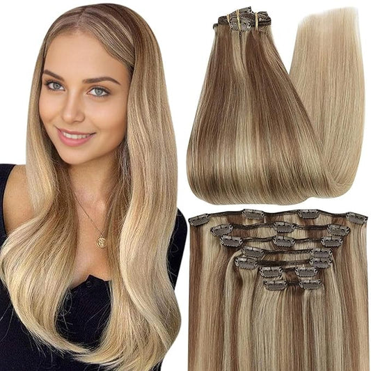 Full Shine Clip in Hair Extensions Balayage Blonde Human Hair Extension for Women Golden Brown to Golden Blonde Real Hair Extensions Clip in Human Hair Silky Straight 7 Pcs 16 Inch 120 G