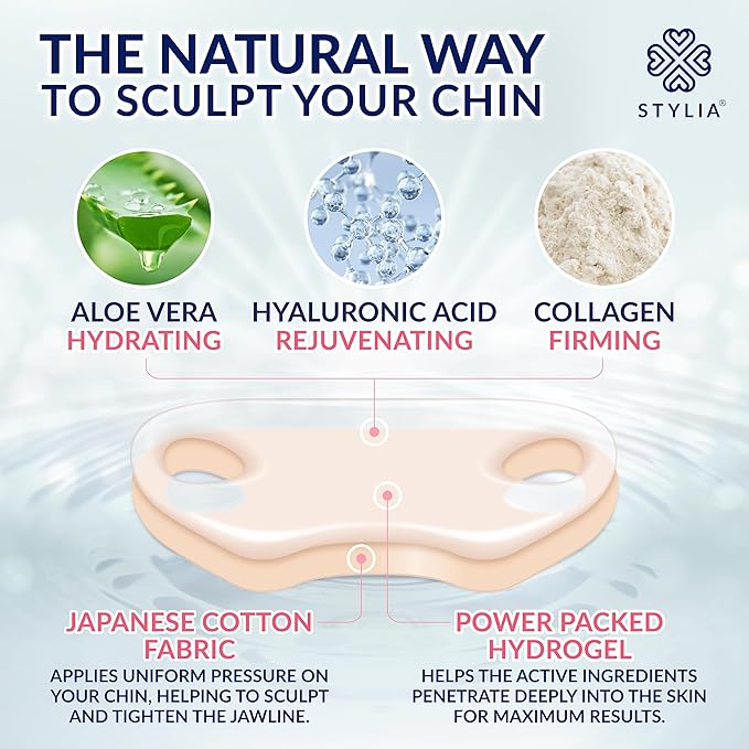 Stylia V-Line Lifting Collagen Face Mask with Hyaluronic Acid & Aloe Vera - Spa Quality Chin Strap - Jawline Shaper Collagen Mask - Face Masks Skincare - Chin Strap for Sleeping - 5PC
