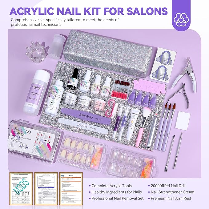 SAVILAND Acrylic Nail Kit: Nail Kit Set Professional Acrylic with Everything Arm Rest Primer Nail Drill Remover Strengthener Cream Full Tools for Beginners Salon Manicurist