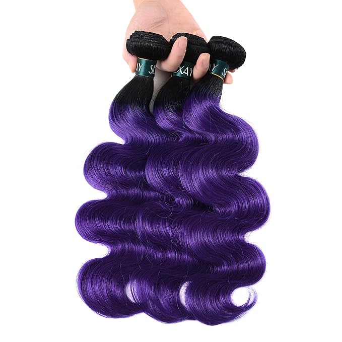 SEXAYHAIR Purple Bundles Body Wave Human Hair Weave 3 Bundles Virgin Hair, Brazilian Remy Hair Ombre 1b/Purple 2 Tone Ombre Hair Wavy for Women(121416)