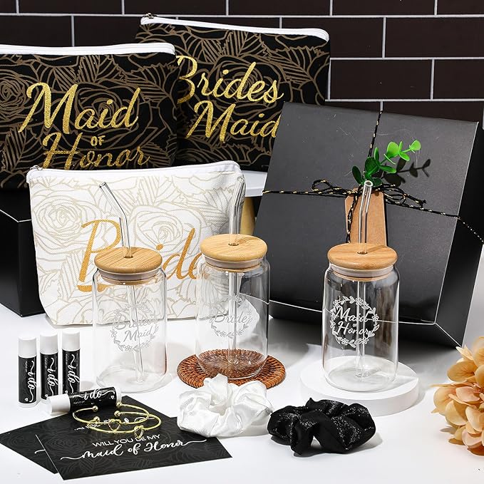 54 Pcs Bridesmaid Proposal Gifts Bridesmaid Box Set Include Bridal Shower Gift Box Makeup Bag Invited Card Glass Cup Lip Balm Scrunchie Hair Knotted Bracelet for Maid of Honor(Black, White)