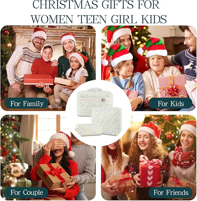 Makeup Bag, 3 PCS Quilted Makeup Bag, Cute Floral Cotton Cosmetic Bag set, Coquette Makeup Pouch Large Travel Toiletry Bag