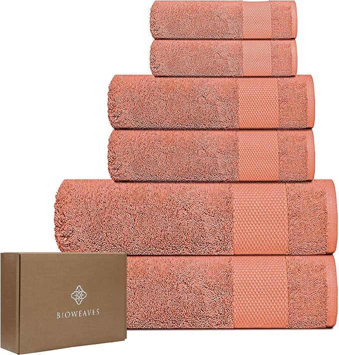 BIOWEAVES 100% Organic Cotton 6-Piece Luxury Bathroom Towels Set GOTS Certified 700 GSM, 2 Bath Towels, 2 Hand Towels & 2 Wash Cloths - Burnt Orange