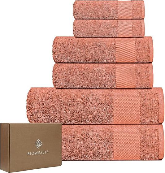 BIOWEAVES 100% Organic Cotton 6-Piece Luxury Bathroom Towels Set GOTS Certified 700 GSM, 2 Bath Towels, 2 Hand Towels & 2 Wash Cloths - Burnt Orange