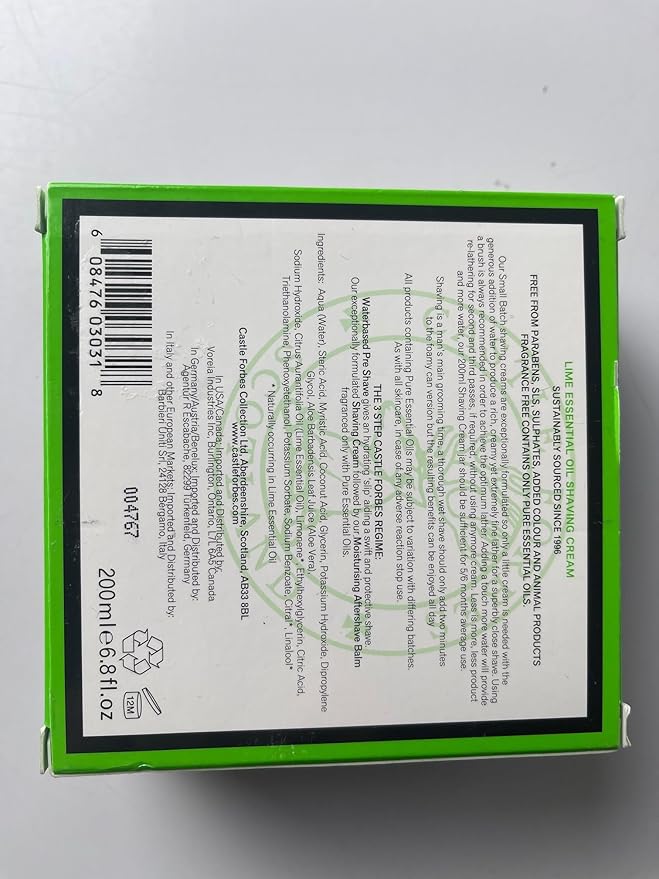 Castle Forbes Lime Shaving Cream For Men, 6.8 fl.oz. | Moisturizing Smooth Shave Lather w/ Essential Oils | Protects All Skin Types From Razor Burn & Irritation | Luxury Grooming & Beard Care