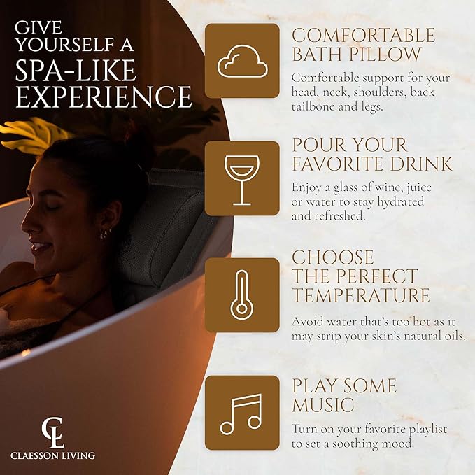 Full Body Bath Pillow (17'' x 49'') - Bathtub Cushion with Headrest Supports Neck, Back and Legs - Free Hanging Hooks for Fast Drying Over Tub - Includes Washing and Travel Bags - Gray