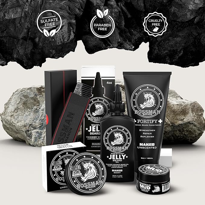 Bossman Complete Beard Kit – Men's Beard Oil Jelly, Fortifying Shower Conditioner, Balm, Mustache Wax & Comb – Beard Softener & Grooming Care (Naked - Unscented)
