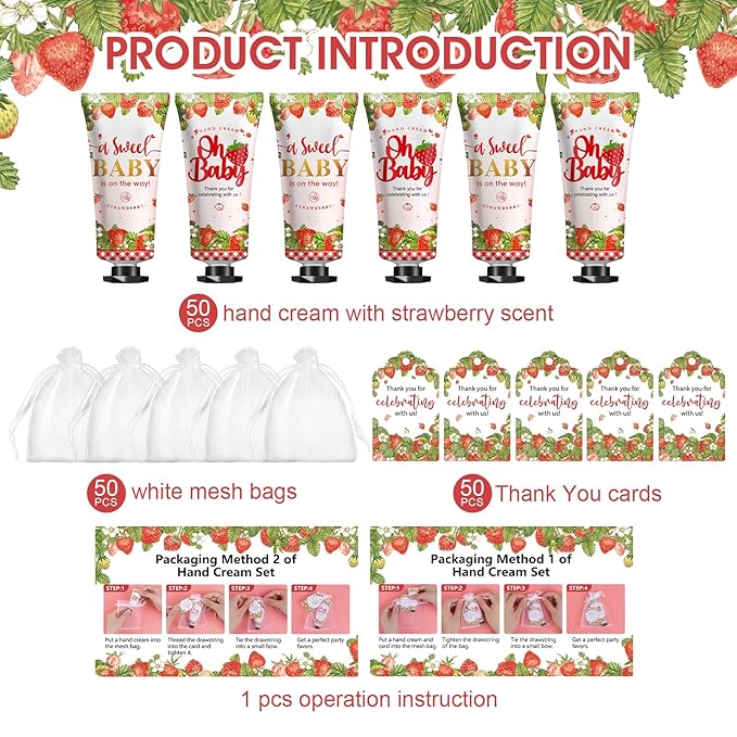 50 Pack Bulk Hand Cream Gifts Sets, Baby Shower Favors and Bridal Shower Favors for Guests with Thank You Card and Organza Gift Bags, Appreciation Gifts, Wedding Party Favors (Strawberry)