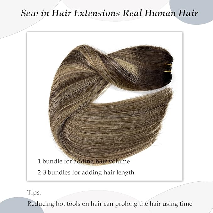 Sew In Real Human Hair Extensions, 12 Inch 80G Weft, Ombre Chocolate Brown Balayage Blonde Highlights, Hand Tied Weft Hair Bundles