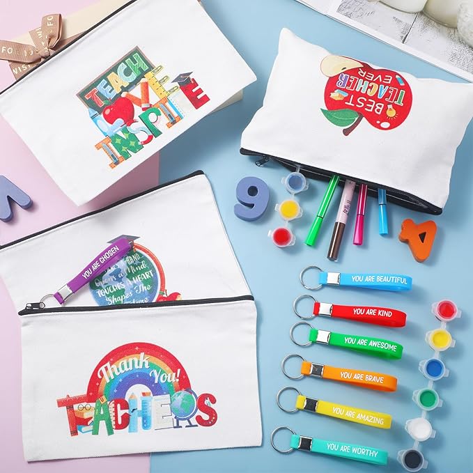 Capoda 56 Pcs Teacher Appreciation Gifts in Bulk 28 Inspirational Flax Cosmetic Bags for Women 28 Motivational Quote Keychains Thank You Gifts for Teacher's Day Graduation Back to School(White)