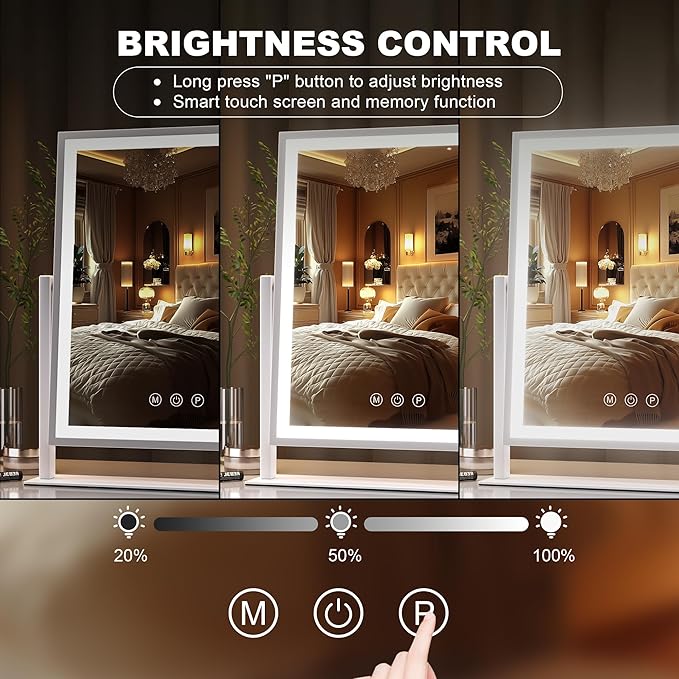 Hasipu Vanity Mirror with Lights, 12" x 14" LED Makeup Mirror, Light up Mirror with Smart Touch 3 Color Modes and Brightness Adjustment, 10X Magnifying Glass,360° Rotation