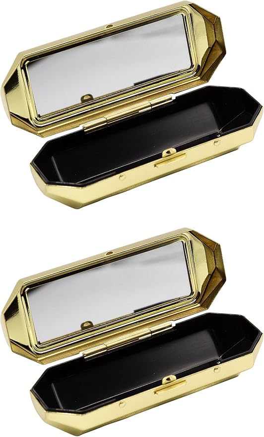 Stephanie Imports Set of 2 Capsule Shaped Lipstick Cases With Glass Mirror (Gold Polygon)