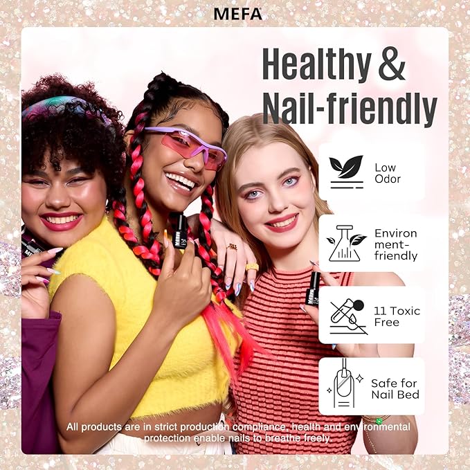 MEFA Glitter Nail Polish Set 6 Colors, Chrome Platinum Sparkly Shiny Black Silver Pink Champagne Turquoises Gel Polish Kit Soak Off Nail Art Design at Home DIY Manicure Kit Gifts for Women