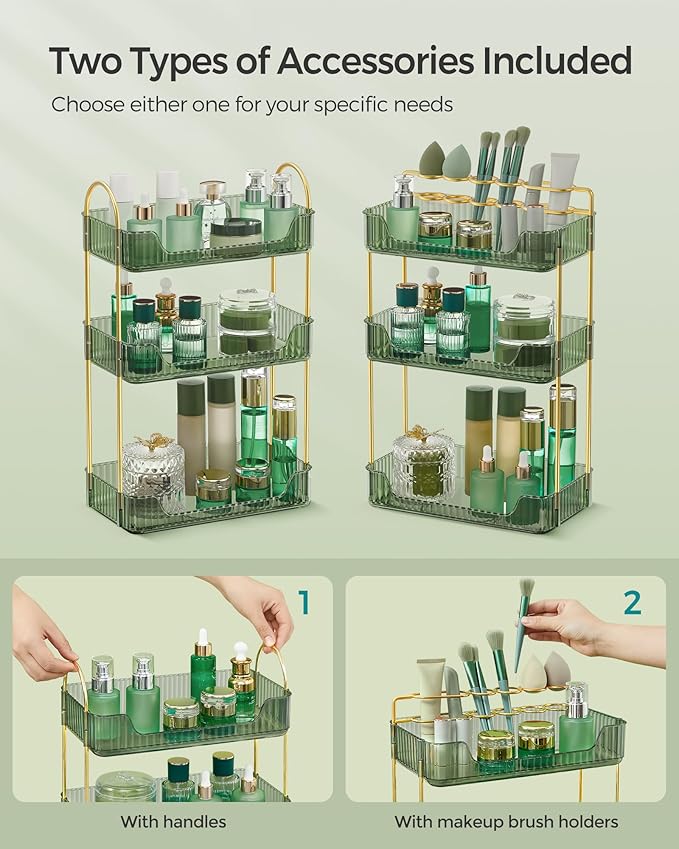 SONGMICS Makeup Organizer, 3-Tier Skincare Organizer Countertop, Customizable, 2 Types of Accessories, Jewelry Holder, for Vanity, Bedroom, Bathroom, Pale Green UJKA013C01