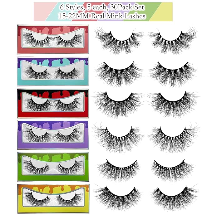 Mink Lashes Bulk Ninglash 30 Pack 6 Styles Eyelashes, 15-22mm Real Mink EyeLashes, Thick HandMade Full Strip Lashes, Crueltyl Free Fluffy Lash, 30 Pairs 5D Mink Lashes wholesale