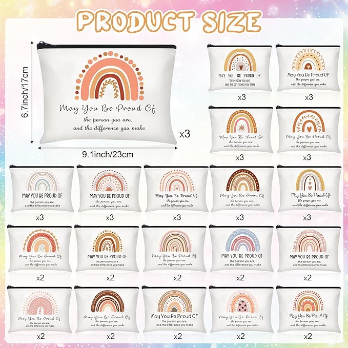 Sweetude 50 Pcs Rainbow Canvas Makeup Bags Inspirational Quotes Canvas Cosmetic Bag with Zipper Canvas Makeup Pouch Thank You Appreciation Gift for Women Teacher Christmas Favors(9.1 x 6.7 Inch)