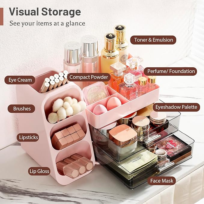Aveniee Makeup Organizer with Drawers, Vanity Organizer for Bathroom Countertop, Large Cosmetics Skincare Display Case Desk Storage for Perfume Jewelry Lipsticks (Pink)